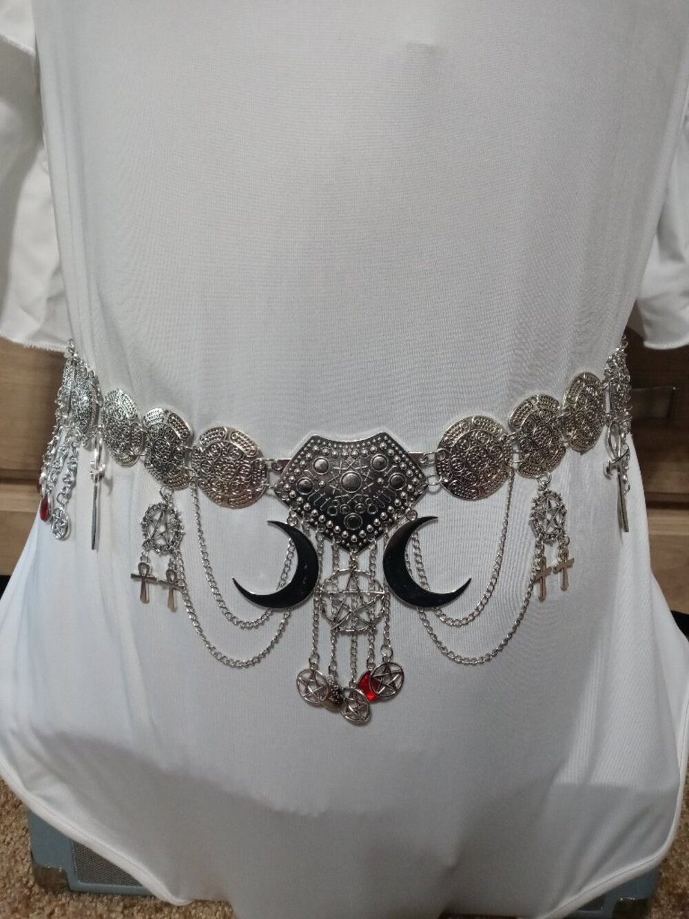 witchy goth Silver-Tone Chain Belt – Ankh, Pentacle & Crescent Moon Charms